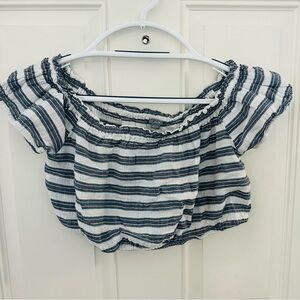 Aerie Crop Top S | Blue White Striped Off-Shoulder Elastic Hem